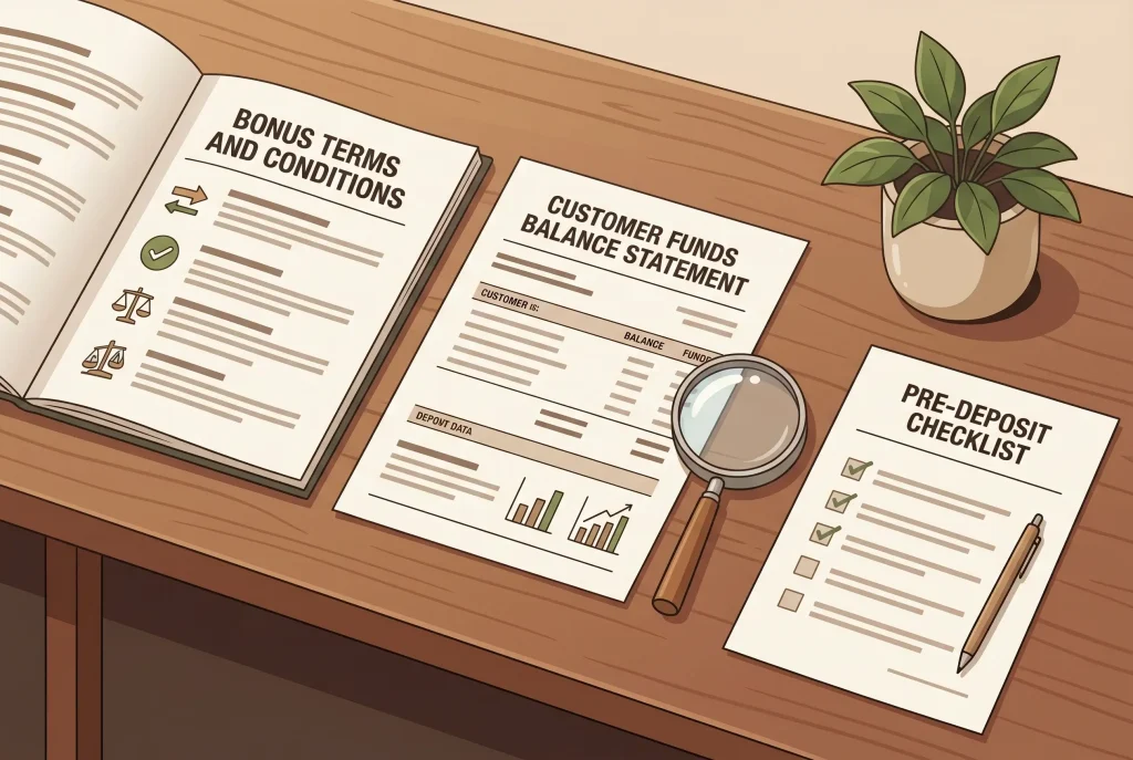 An editorial illustration of bonus terms, a customer balance statement and a careful pre-deposit checklist