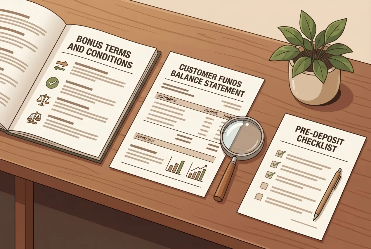 An editorial illustration of bonus terms, a customer balance statement and a careful pre-deposit checklist