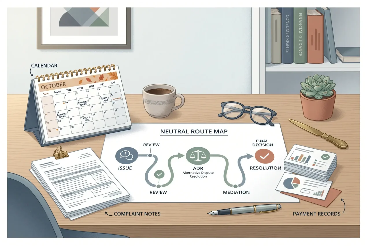 A calm editorial illustration of complaint notes, payment records and a route map on a desk with no brand names