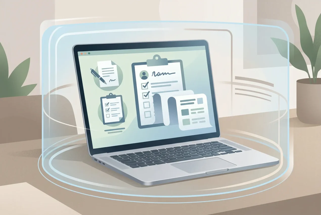 A calm editorial illustration of a laptop, an official register checklist and a protective boundary around online gambling decisions