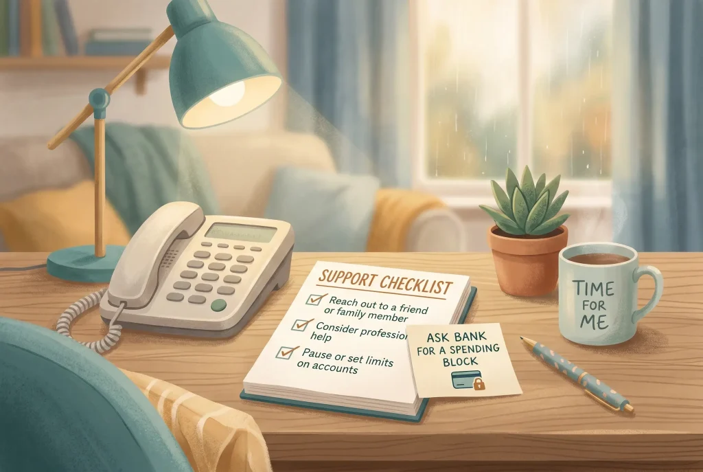 A supportive editorial illustration of a quiet desk with a phone, a bank block note and a calm support checklist