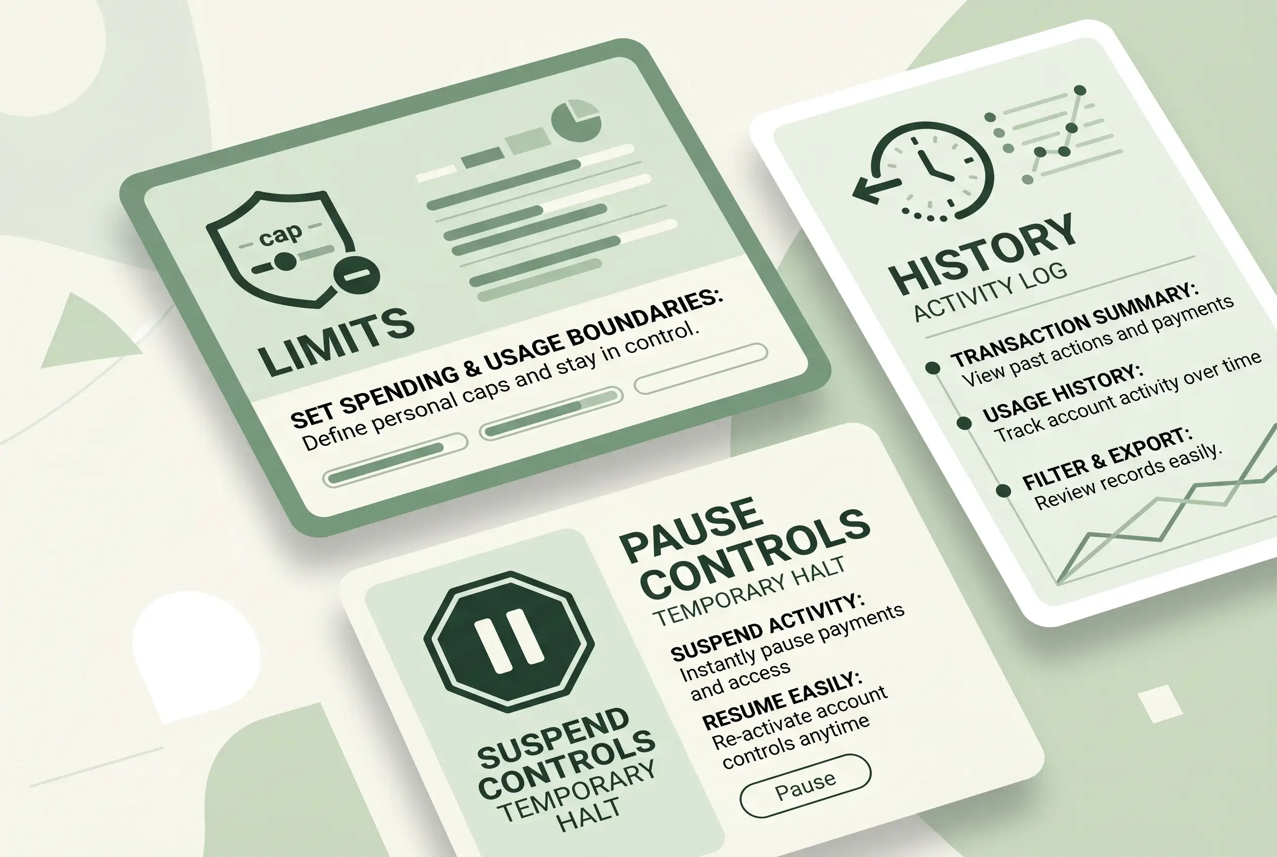 Account dashboard cards showing limits, history and support controls
