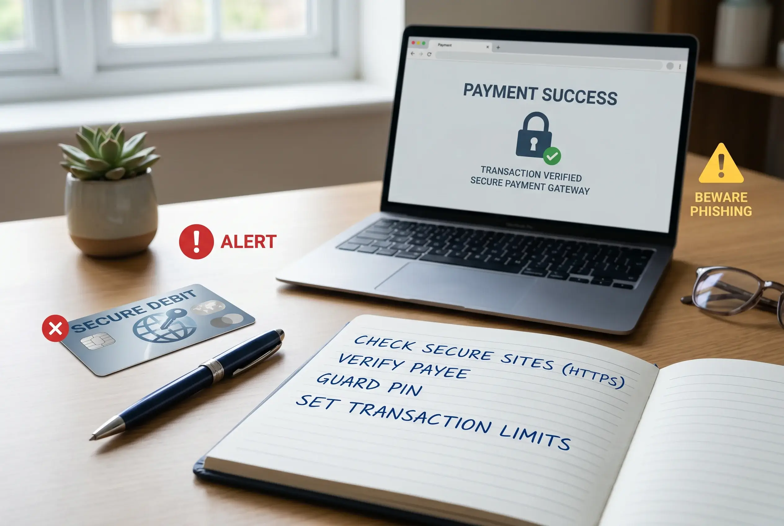 Bank card, notebook and laptop arranged for a careful payment safety check