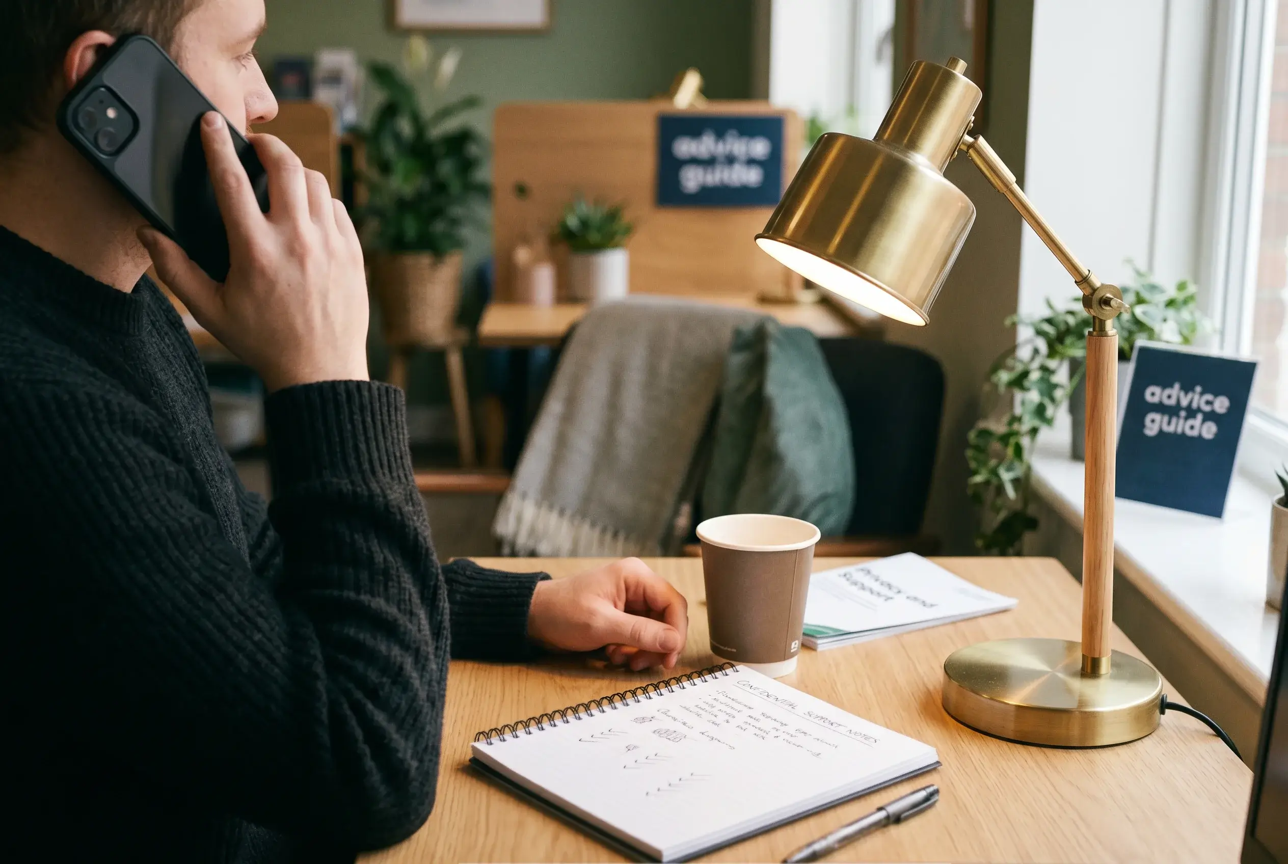 A calm support desk with phone, notes and privacy screen