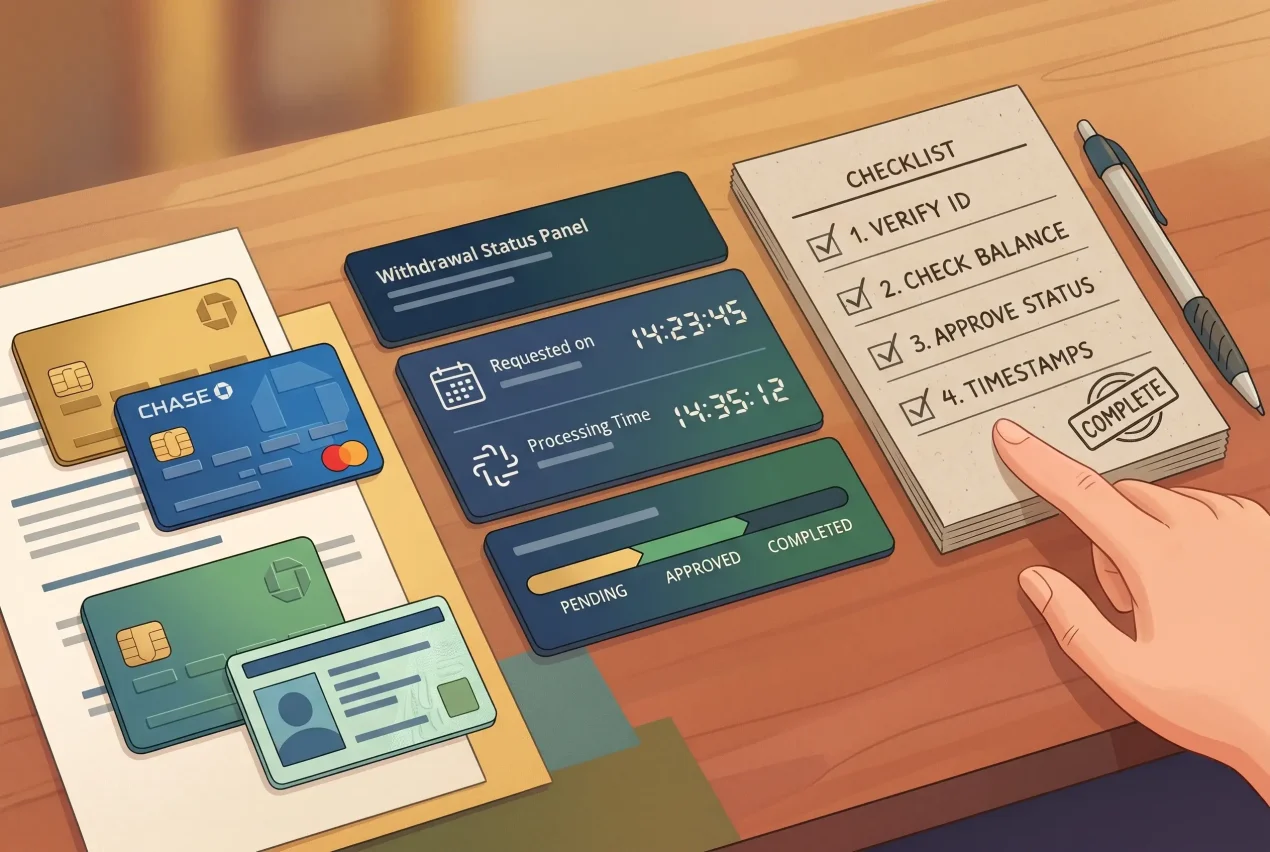 A calm editorial illustration of identity documents, a withdrawal status screen and a written checklist on a desk, with no brand names