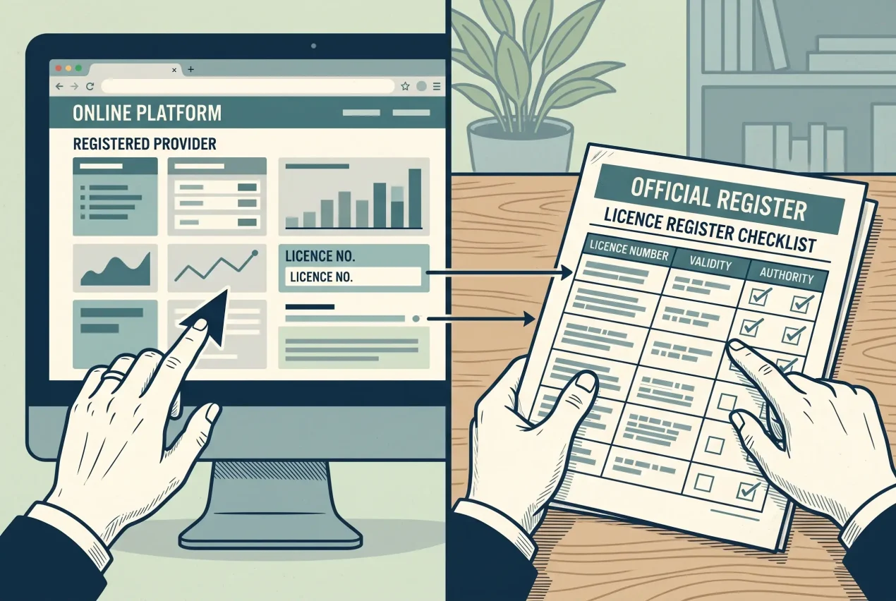 A neutral editorial illustration of a laptop showing a checklist beside an official licence register screen, without gambling brand names
