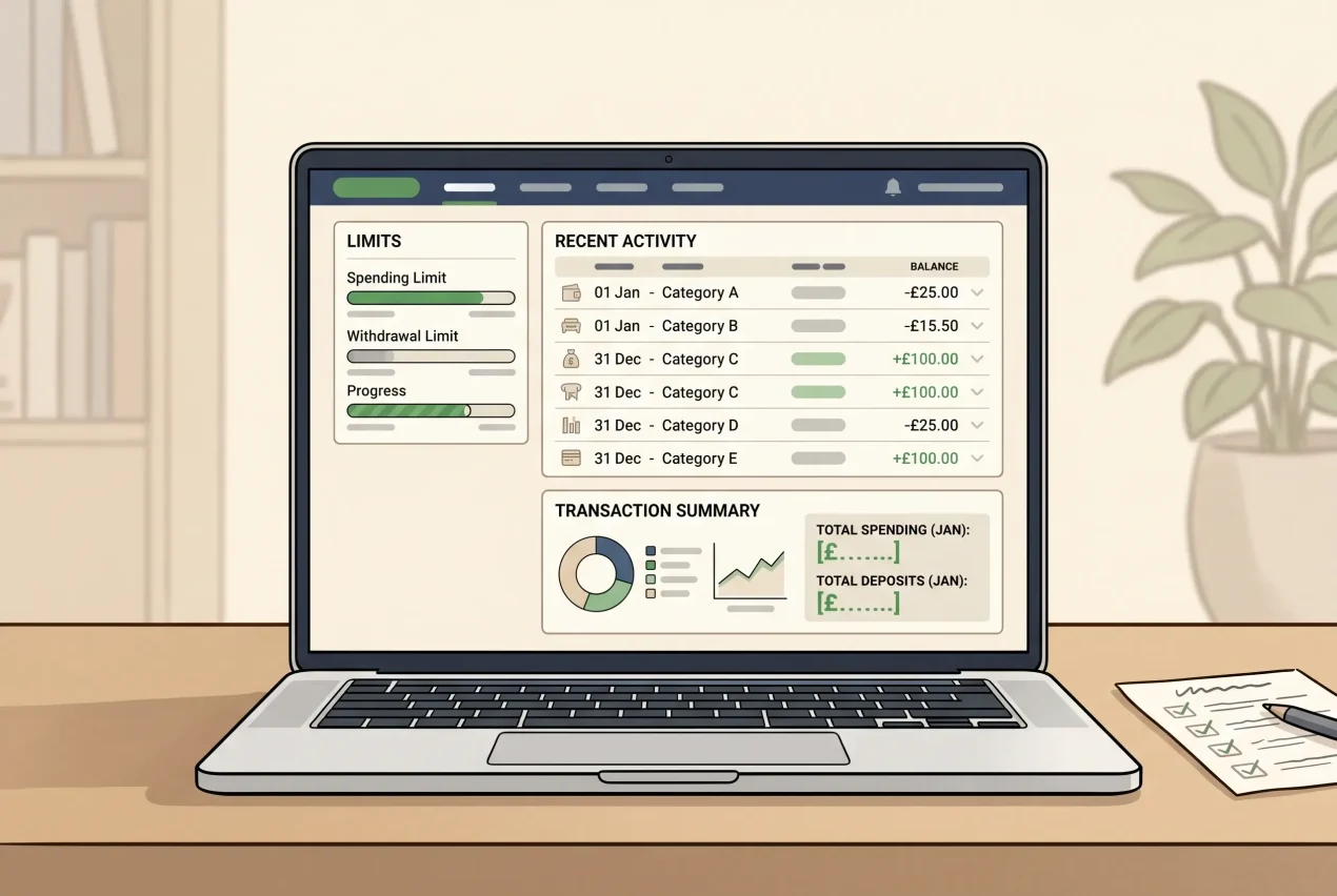 An account dashboard illustration showing spending limits, recent activity and a clear transaction record