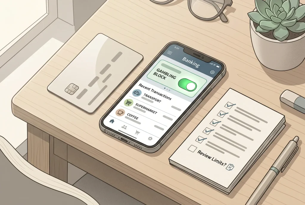 A calm desk scene with payment cards, a bank app control screen and a checklist for safer gambling payments