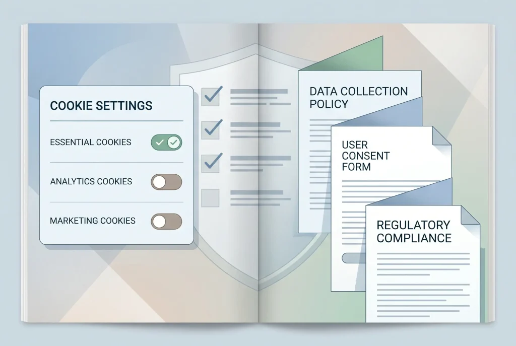 A clean editorial illustration of a privacy notice, cookie controls and a careful data checklist with no brand names
