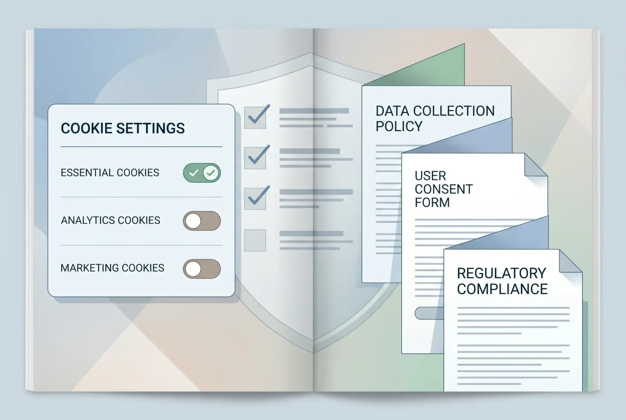 A clean editorial illustration of a privacy notice, cookie controls and a careful data checklist with no brand names