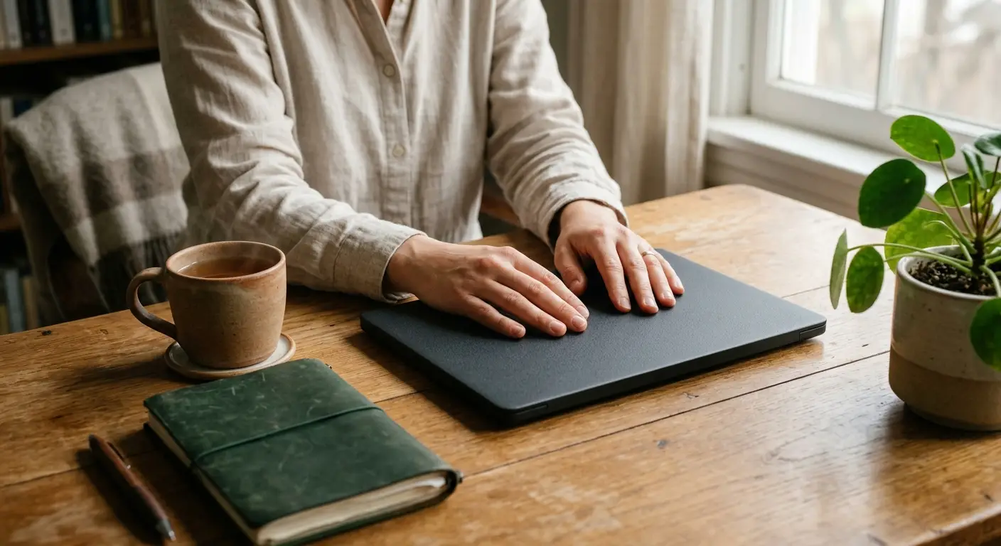 Responsible gambling and safer play concept with laptop and calm home environment